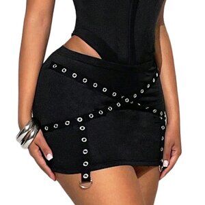 Y2K Low Waist Grommet Eyelet Mini Skirt Bodycon Black Club Wear